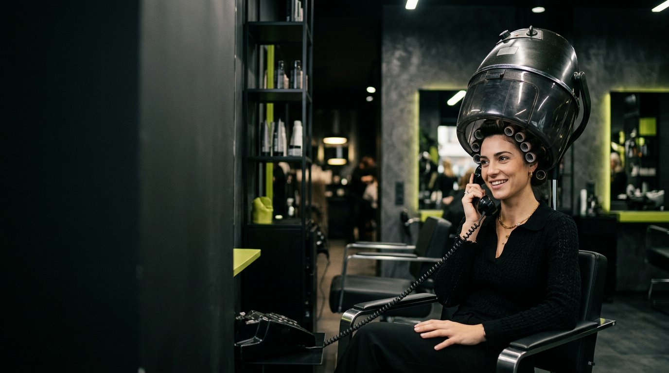 Cliente sotto il casco da permanente che risponde al telefono nel salone
