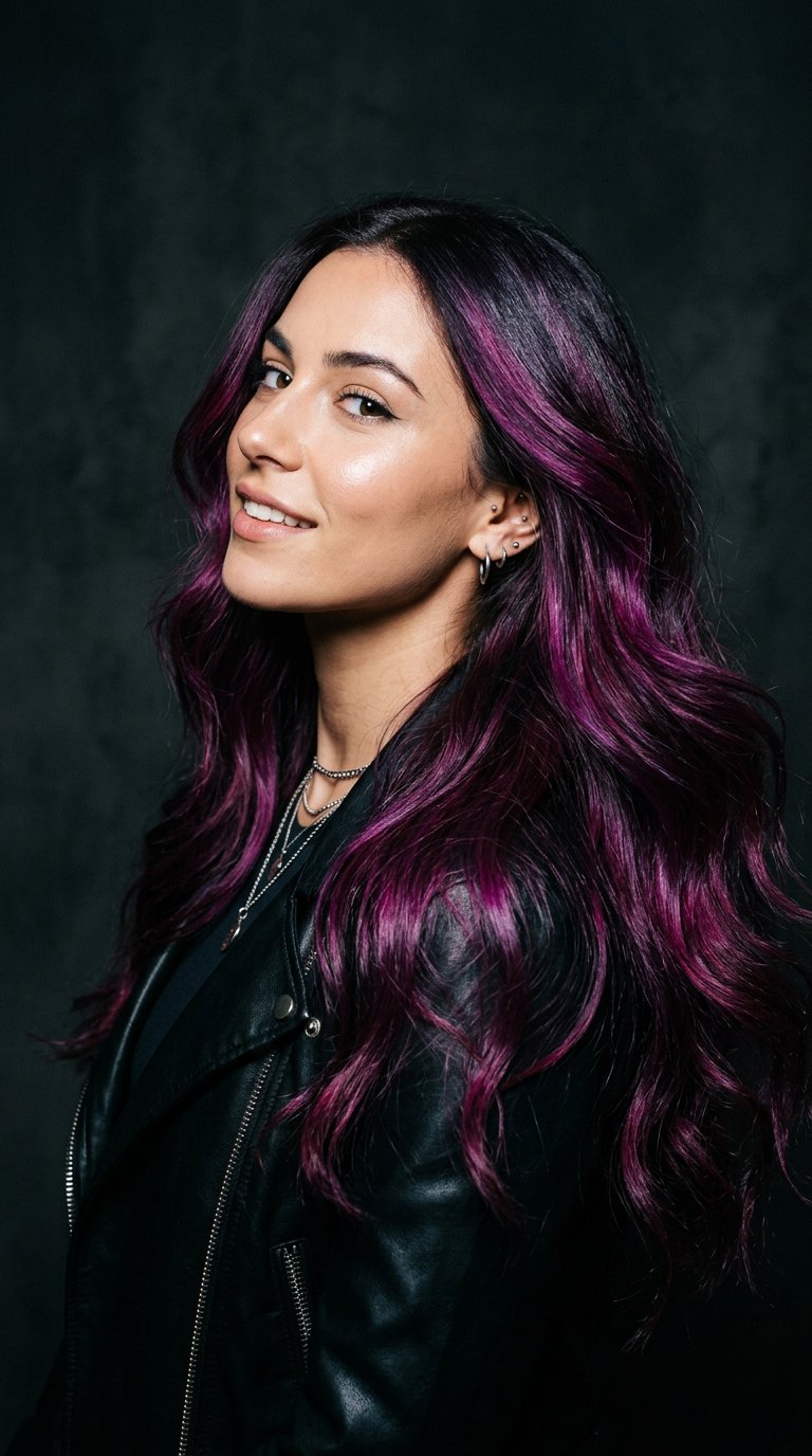 Capelli lunghi scuri con balayage viola e magenta