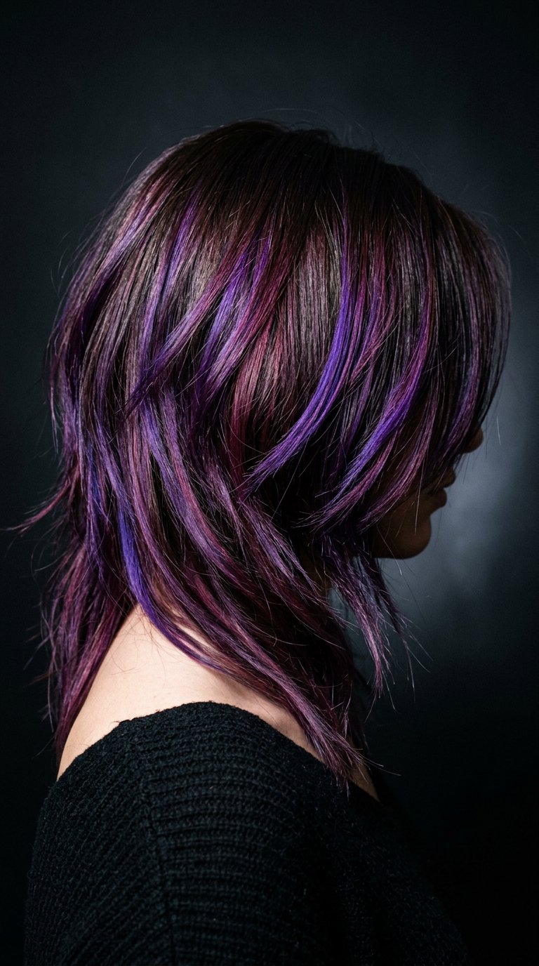 Dettaglio di un look scuro con riflessi viola
